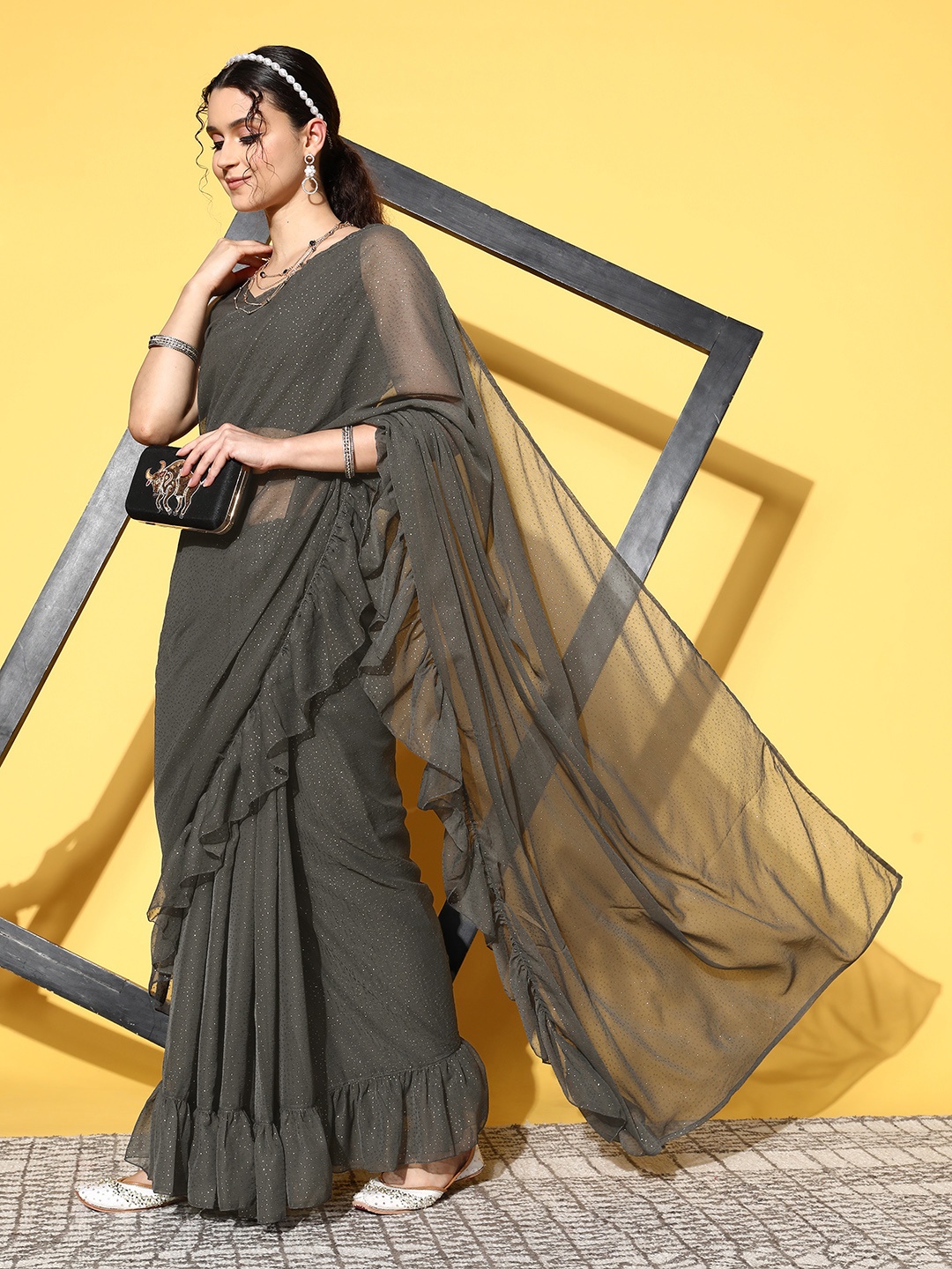 

Ahalyaa Women Glitter Print Ruffle Saree, Grey