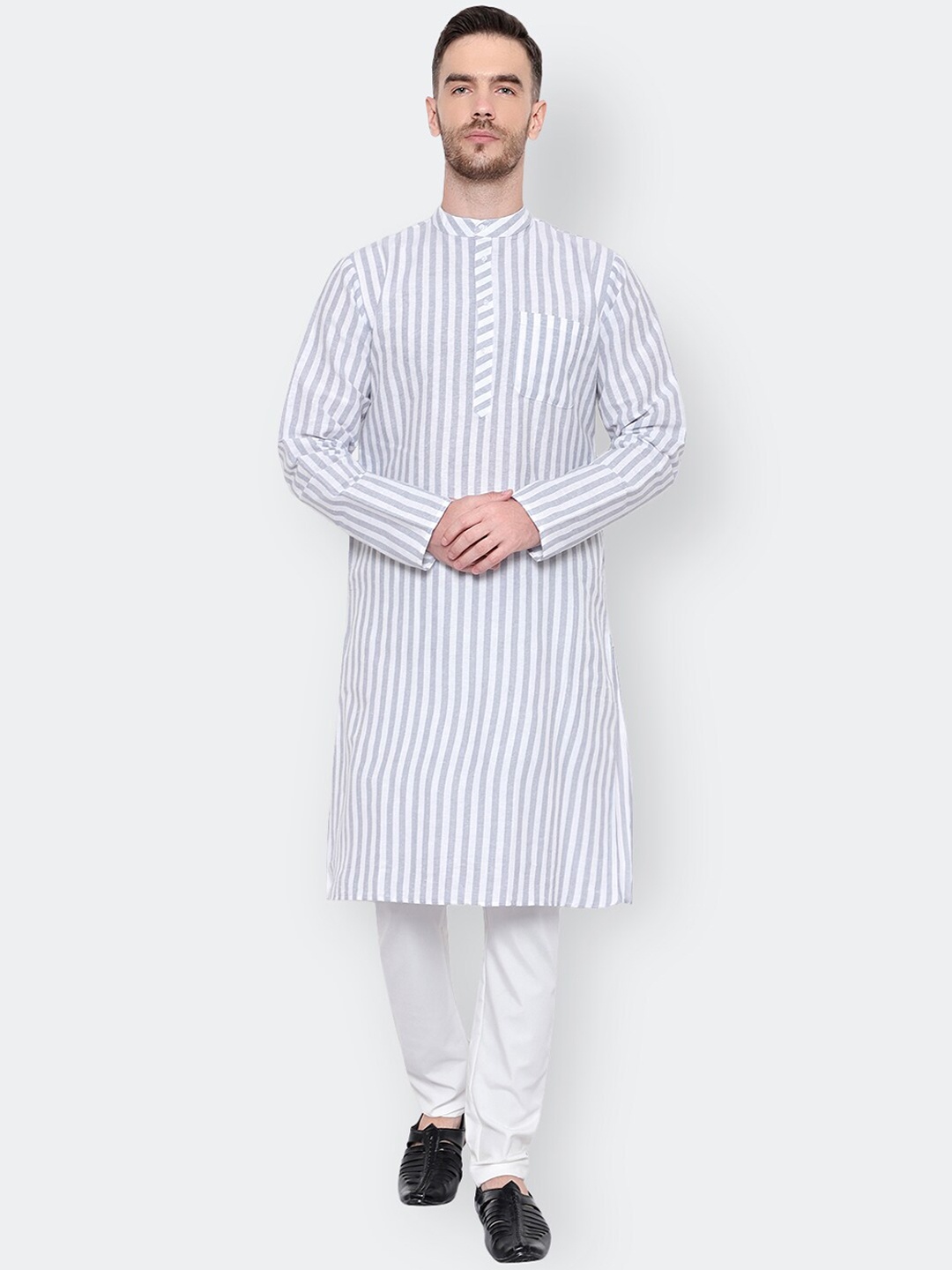 

Latest Chikan Garments Men Striped Khadi Handloom Straight Kurta, Grey
