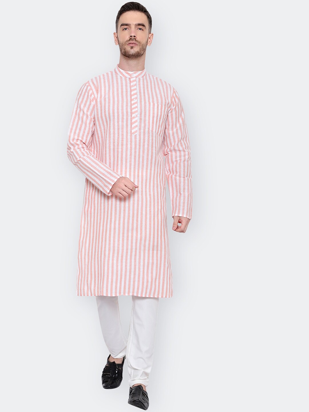 

Latest Chikan Garments Striped Mandarin Collar Long Sleeves Kurta, Peach