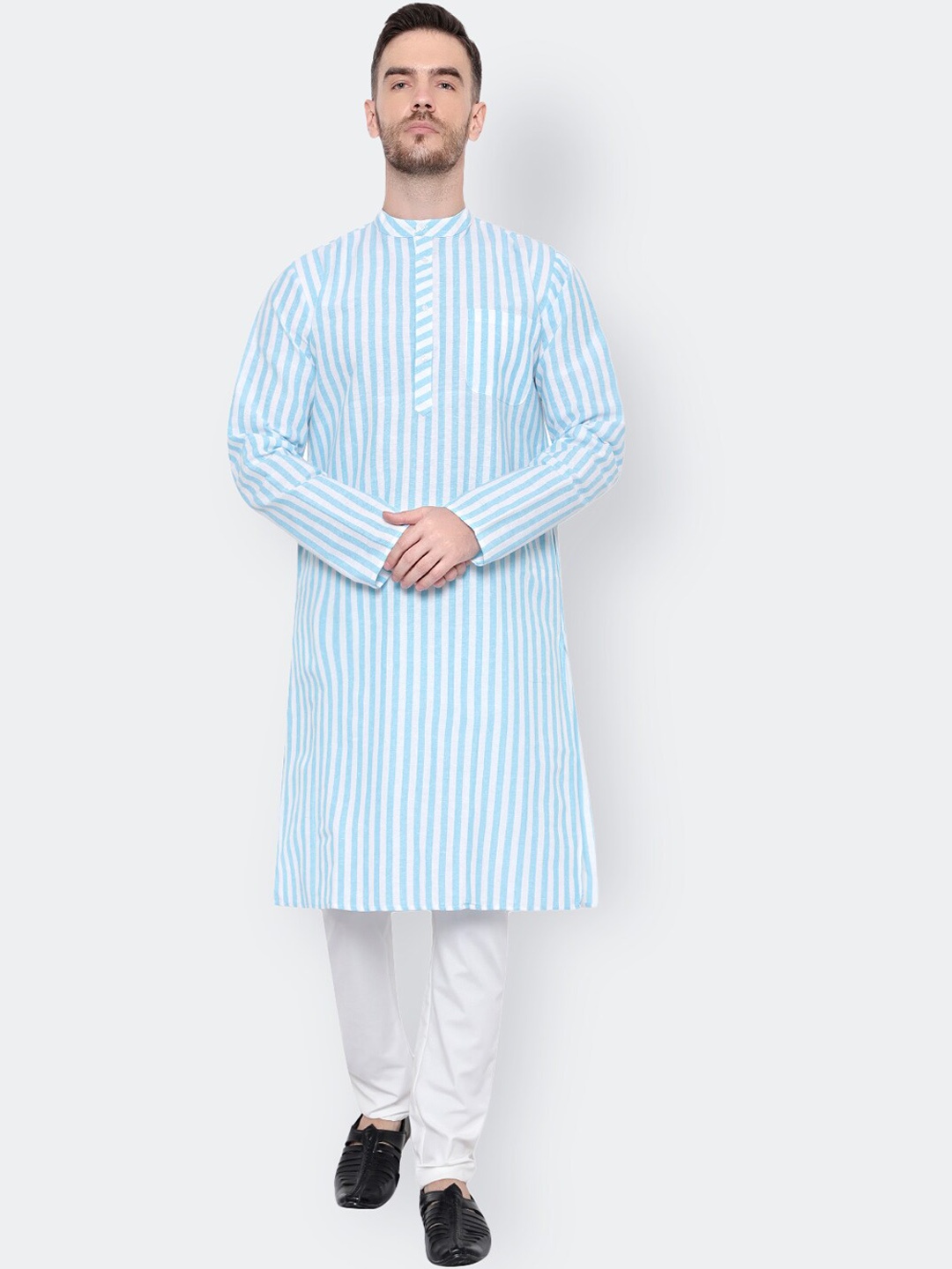 

Latest Chikan Garments Men Striped Thread Work Khadi Handloom Straight Kurta, Blue