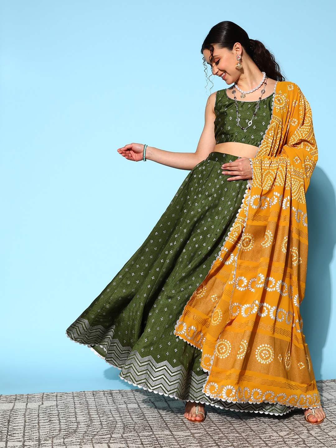 

Ahalyaa Olive Green & Silver-Toned Printed Ready to Wear Lehenga & Blouse With Dupatta