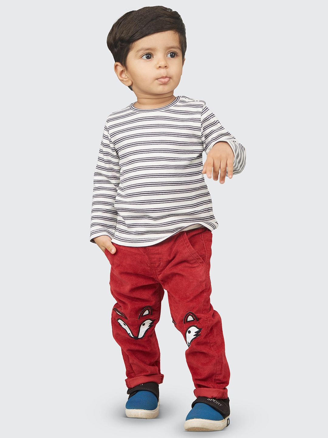

Zalio Boys Striped Pure Cotton T-shirt with Trousers, White
