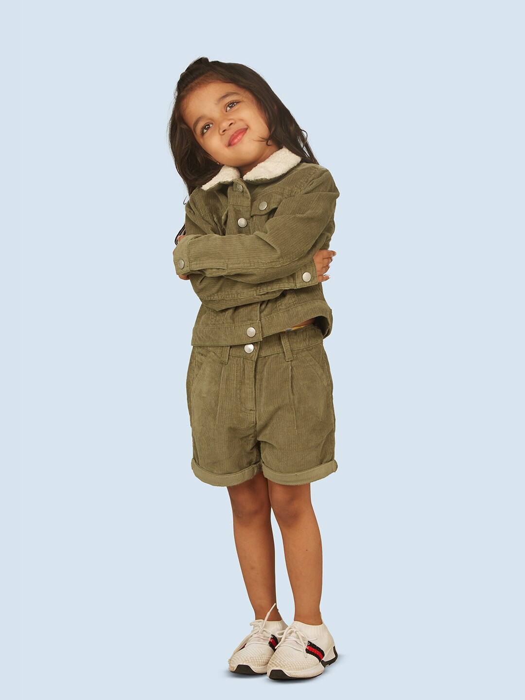 

Zalio Girls Pure Cotton Shirt with Shorts, Olive