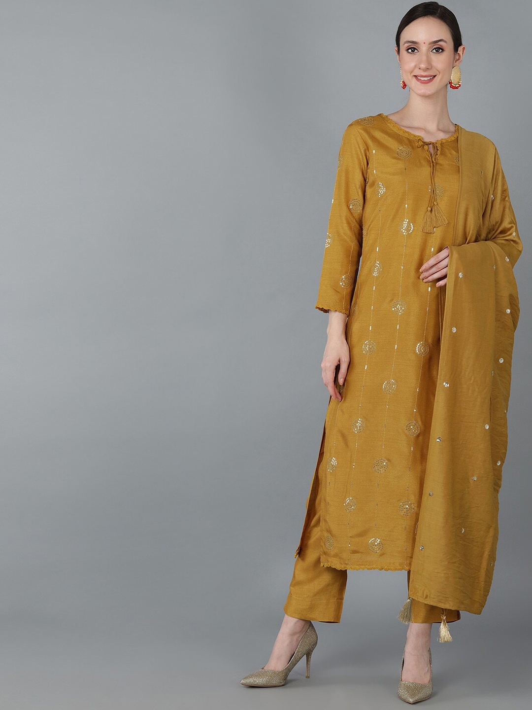 

AHIKA Women Ethnic Motifs Embroidered Sequinned Kurta with Trousers & Dupatta, Mustard