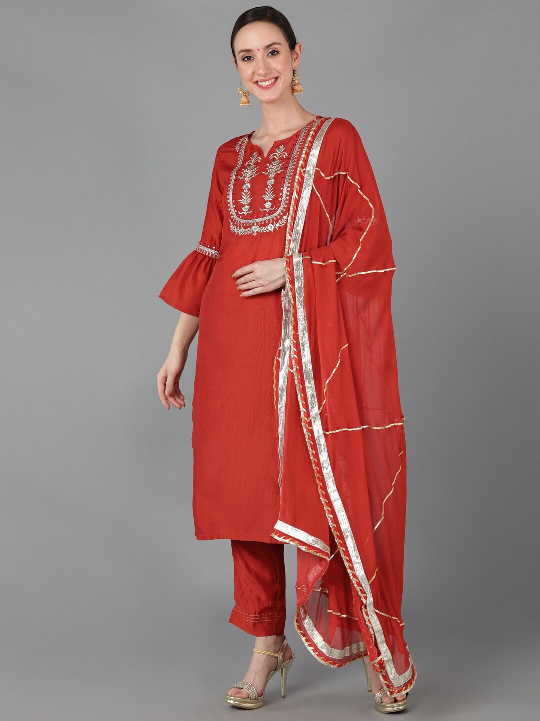 

AHIKA Women Ethnic Motifs Notched Neck Gotta Patti Kurta with Trousers & Dupatta, Rust