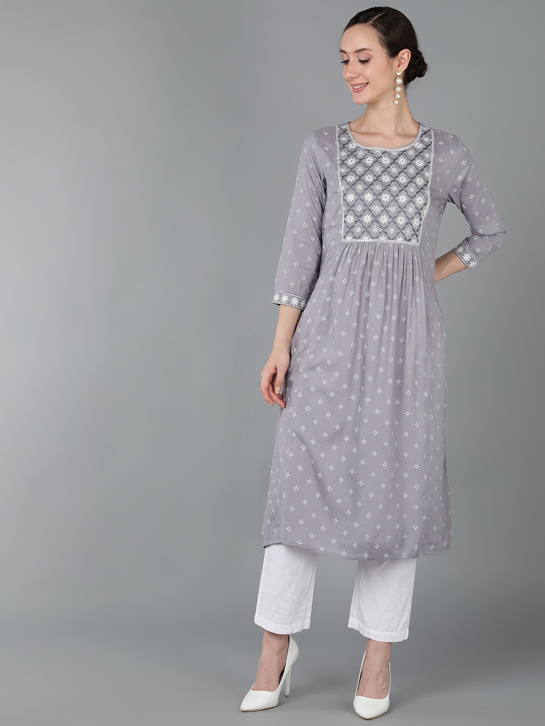 

AHIKA Women Floral Yoke Design Thread Work Cotton Kurta, Grey
