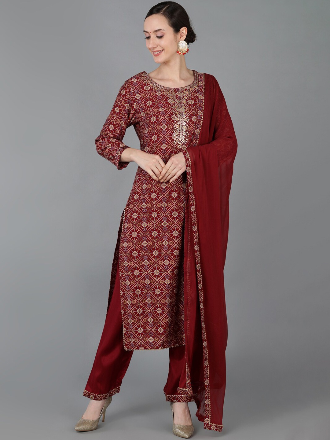 

AHIKA Women Ethnic Motifs Printed Chanderi Silk Kurta With Trousers & With Dupatta, Maroon