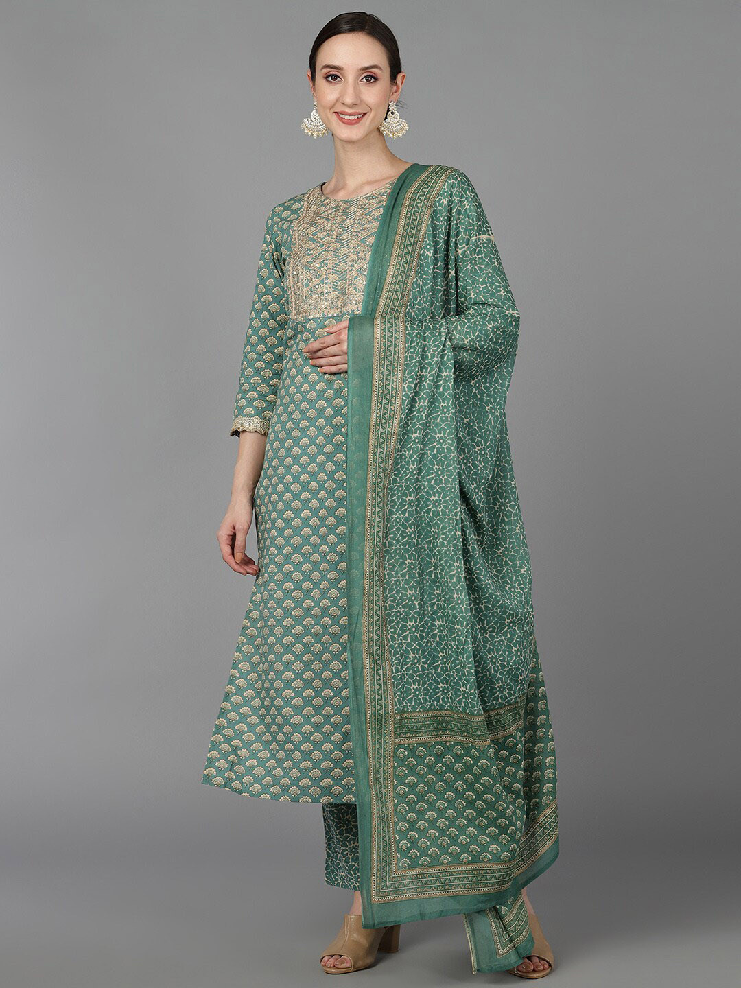 

AHIKA Embroidered Pure Cotton Straight Kurta with Trousers & With Dupatta, Green