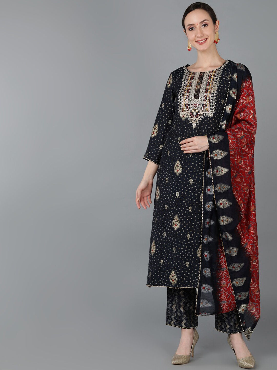 

AHIKA Embroidered Chanderi Silk Straight Kurta with Trousers & With Dupatta, Black