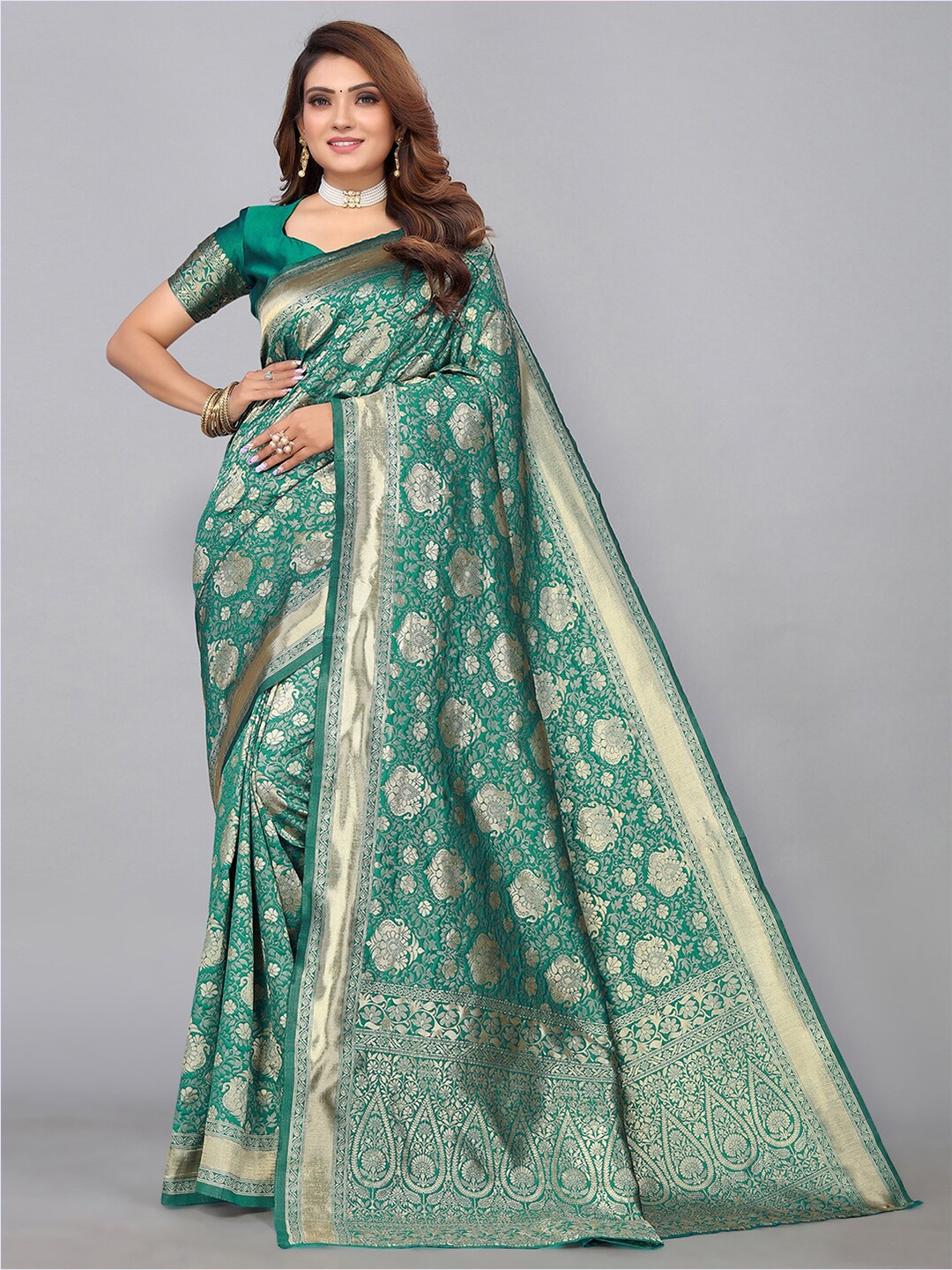 

SIRIL Ethnic Motifs Zari Banarasi Saree, Green