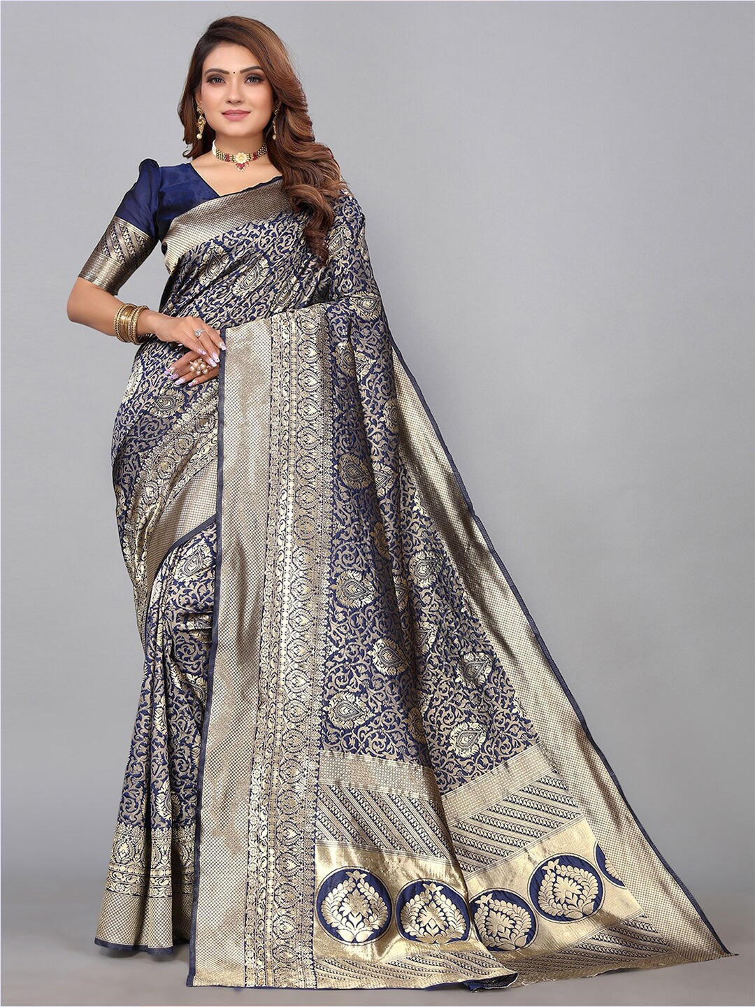 

SIRIL Ethnic Motifs Zari Banarasi Saree, Navy blue