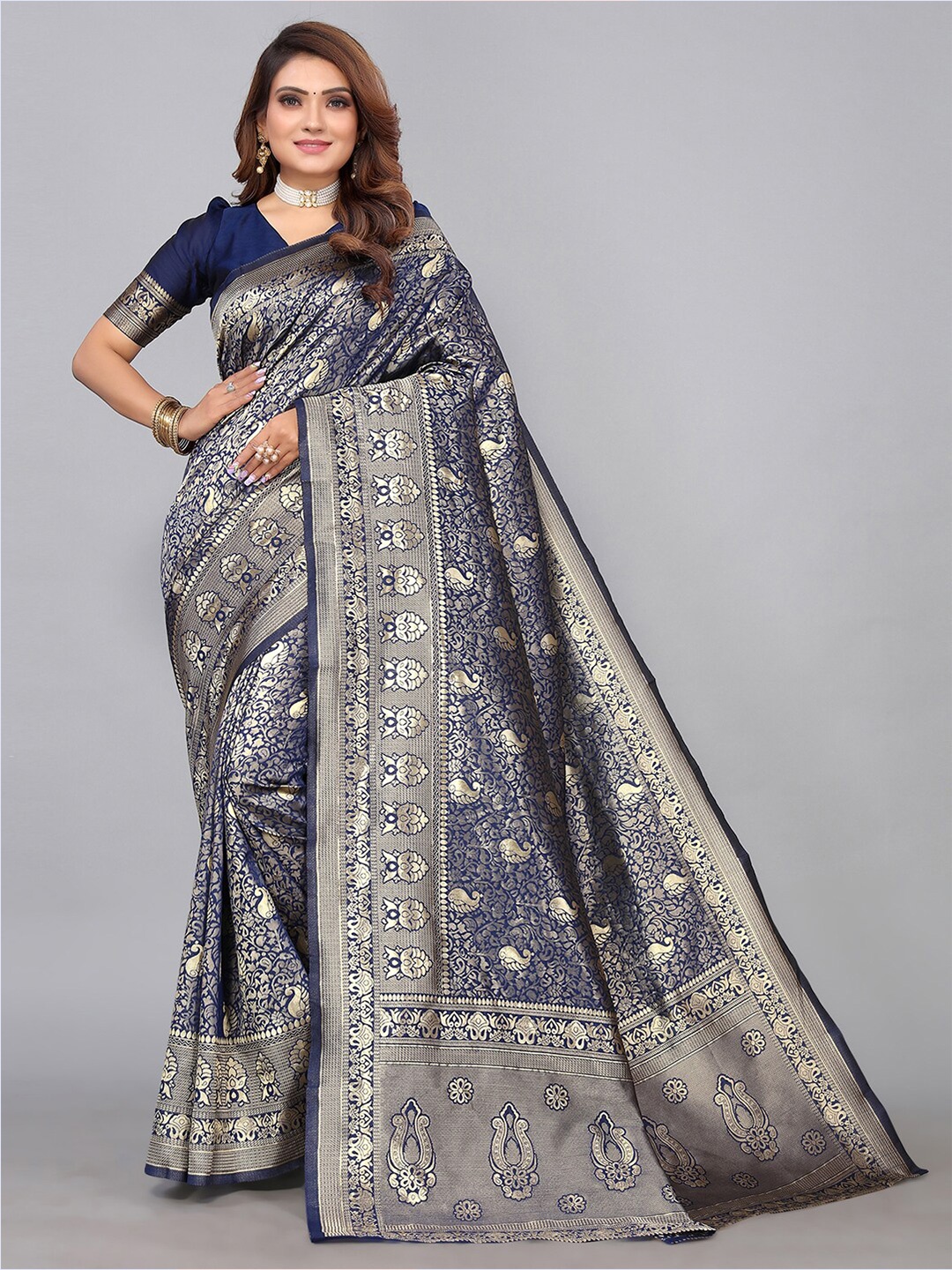 

SIRIL Paisley Zari Banarasi Saree, Navy blue