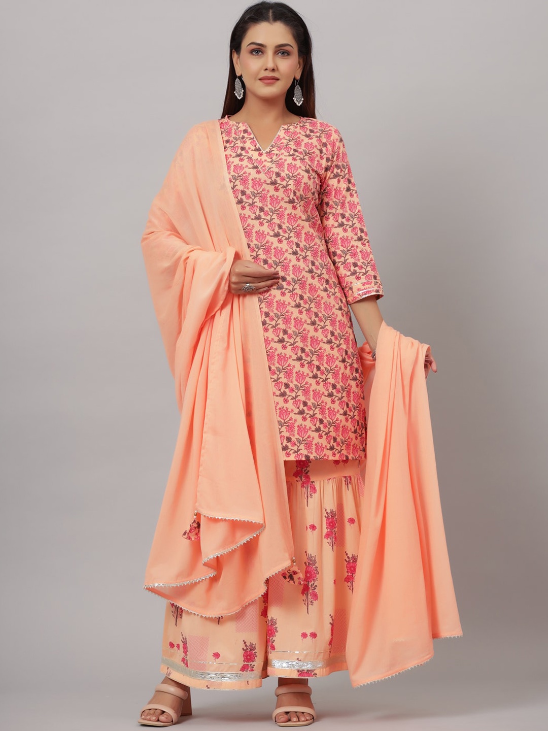 

CRAFTED FOR YOU Women Floral Printed Pure Cotton Kurta with Sharara & Dupatta, Pink