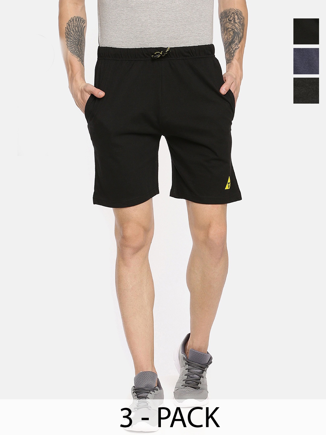 ARDEUR Men Pack Of 3 Cotton Sports Shorts, Black