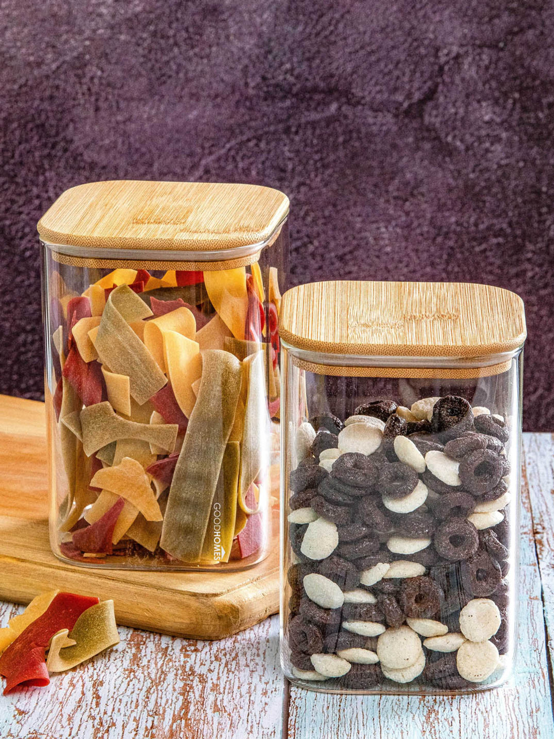 

GOODHOMES Set Of 2 Glass Storage Jar with Airtight Wooden Lid 1.20 L, Transparent