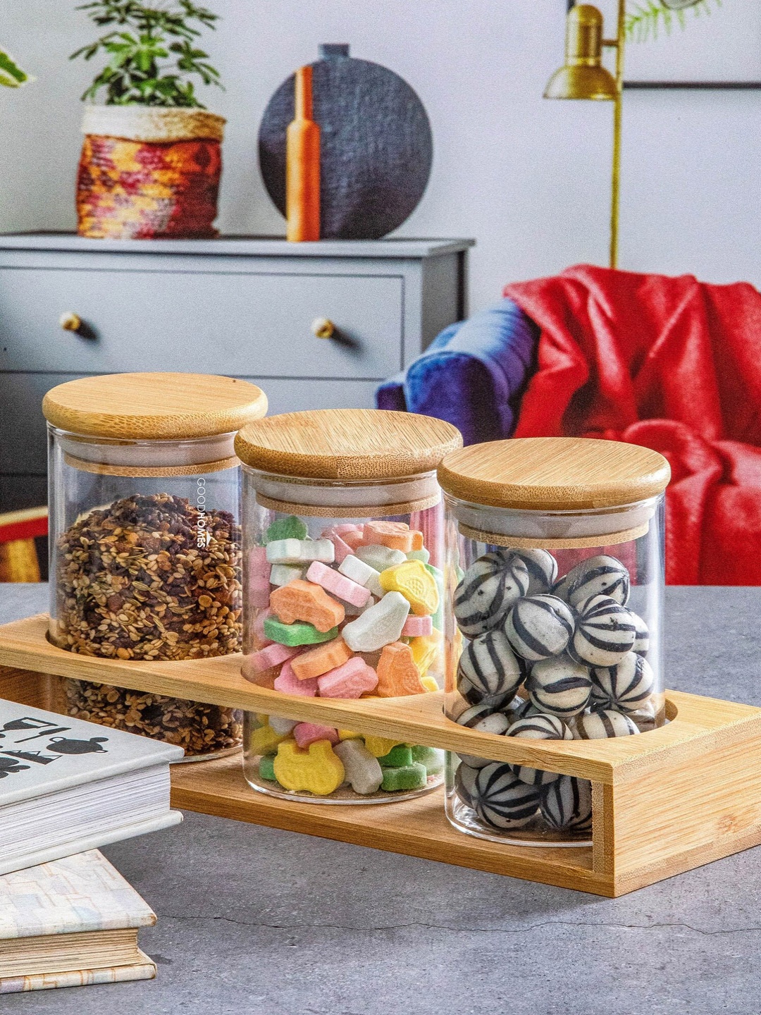 

GOODHOMES Set Of 3 Airtight Canister & 1 Rack 270ml, Transparent
