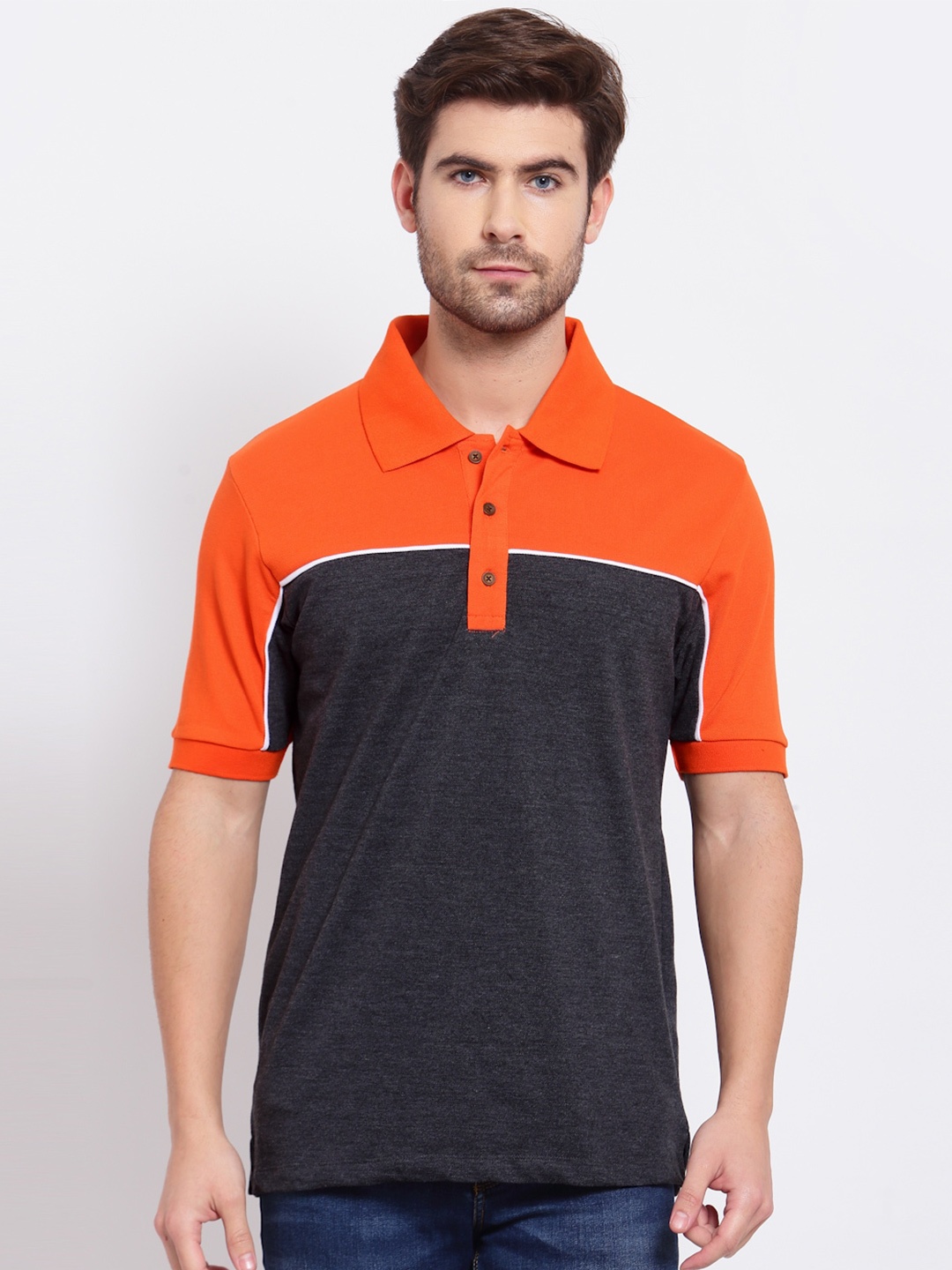 

Kalt Men Colourblocked Polo Collar T-shirt, Coral