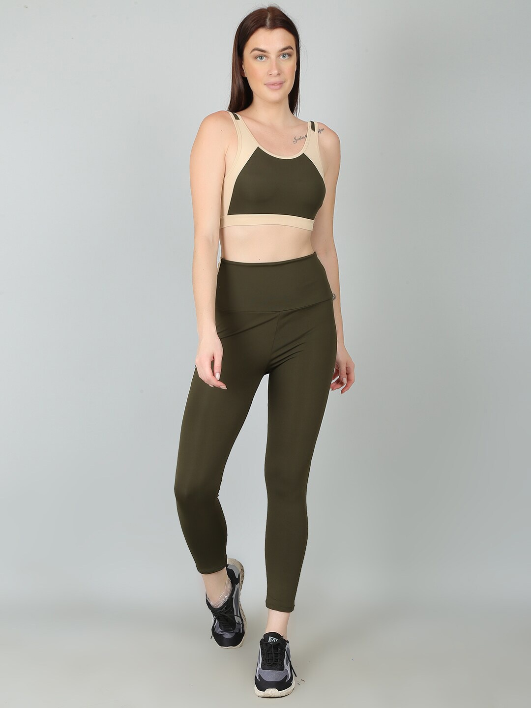 

N-Gal Women Activewear Yoga Or Gym Crop Bra & Tights Tracksuit, Olive