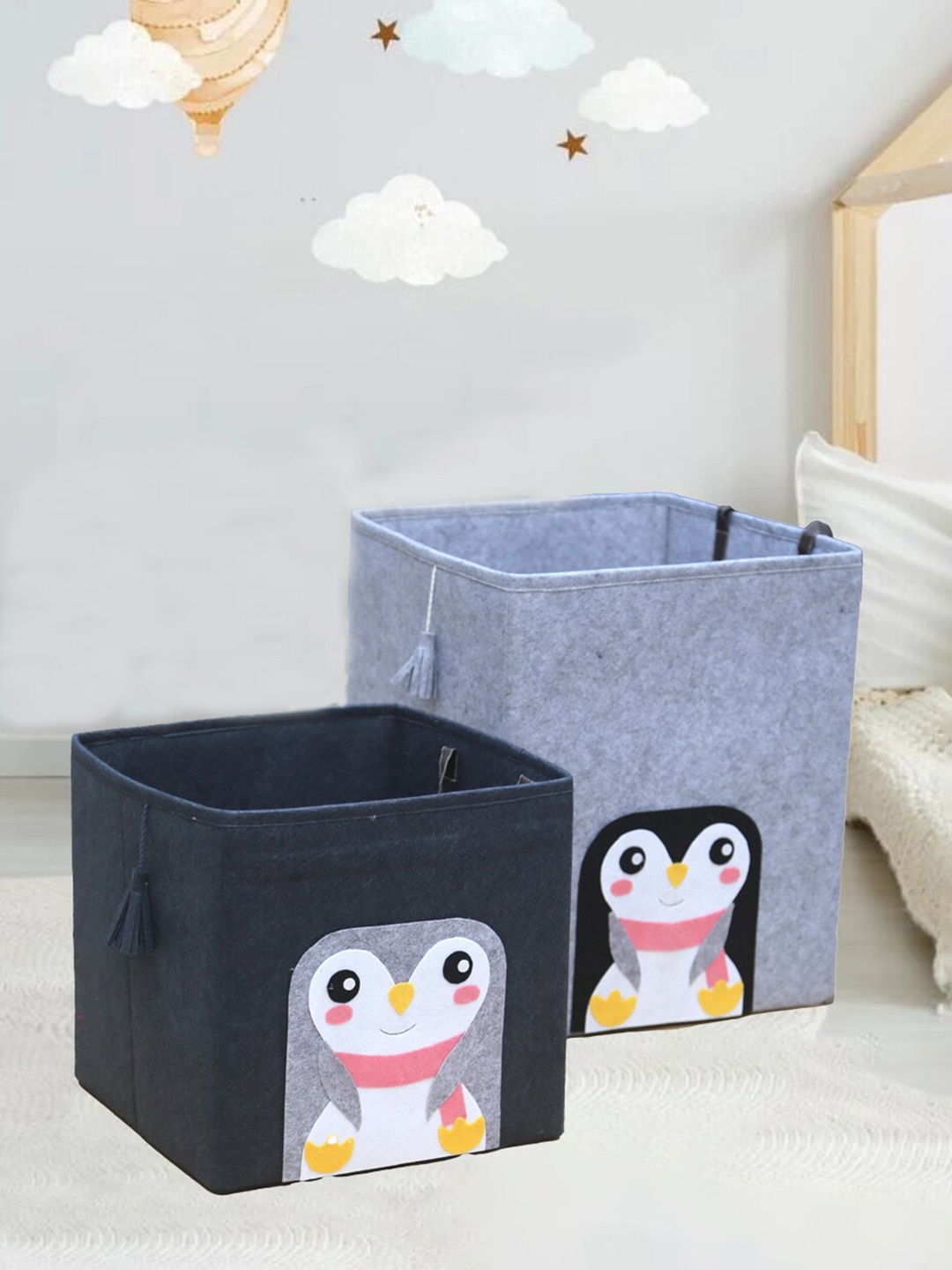 

My Gift Booth Kids Set Of 2 Peguin Patch Cotton Felt Collapsible Storage Cubes, Grey melange