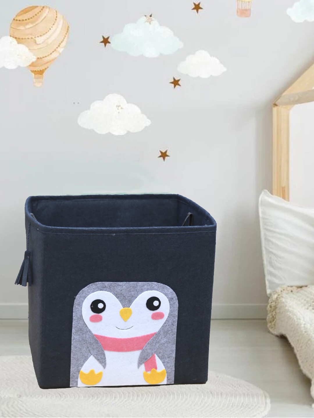 My Gift Booth Kids Grey Melange & White Penguin Cotton Multi-Utility Organisers