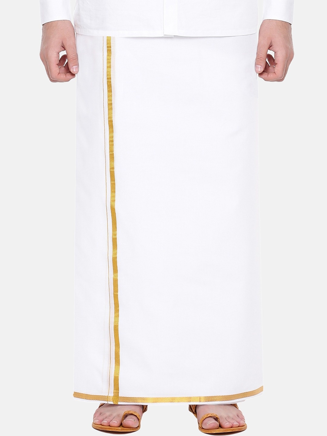 Ramraj Men Pure Cotton Double Layer White Dhoti with Gold jari Border