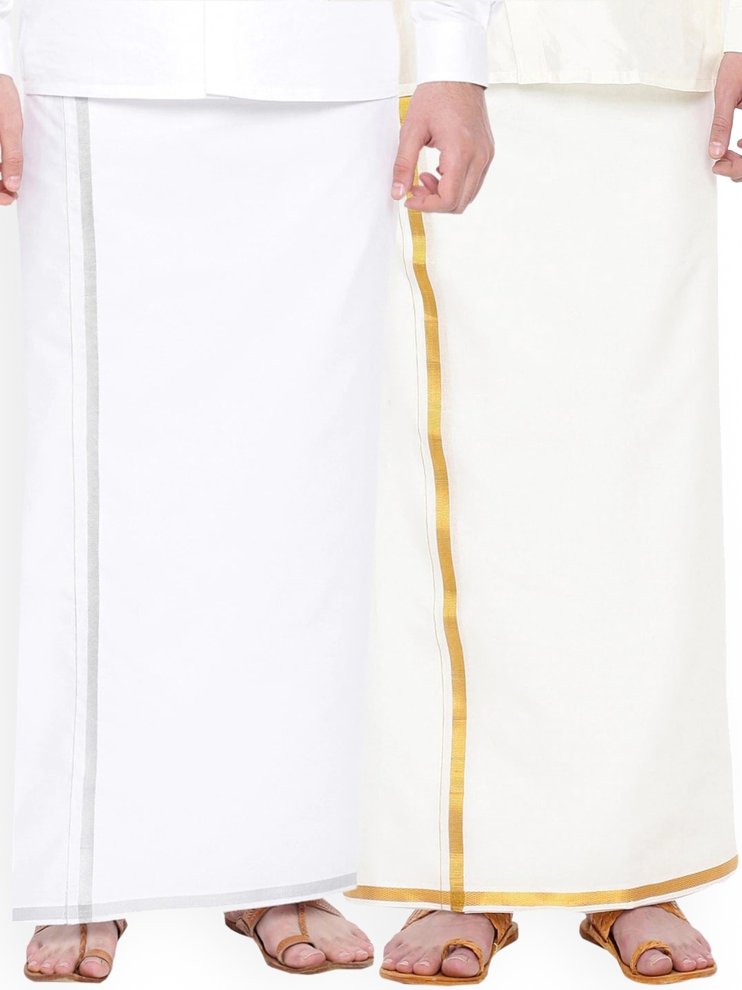 Ramraj Men Pack Of 2 Cotton Zari Border Dhotis, White