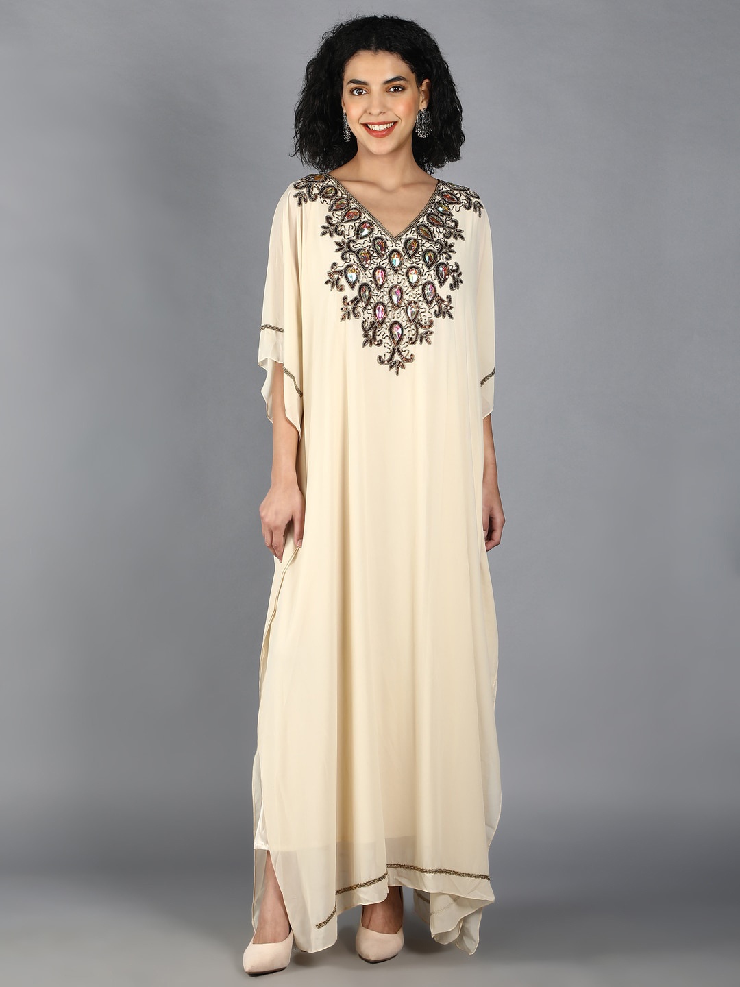 

DEBONATELLA Cream-Coloured & Gold-Toned Embellished Embroidered Georgette Maxi Maxi Dress