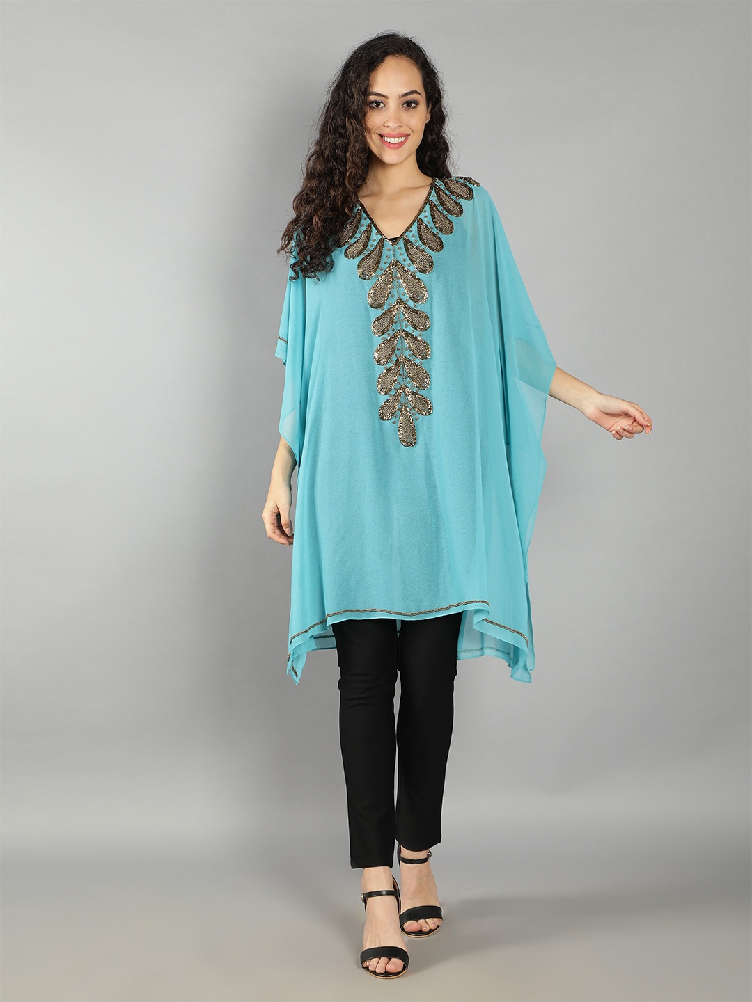 

DEBONATELLA Women Embroidered Flared Sleeves Georgette Kaftan Kurta, Blue