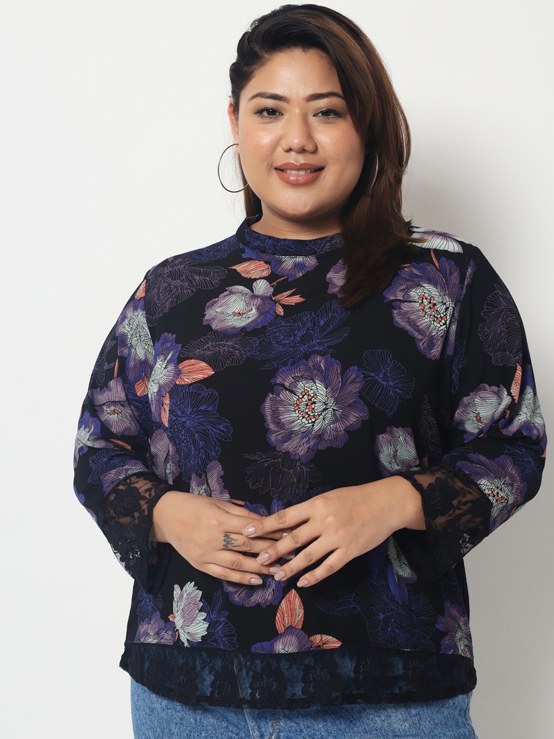 

AUSTIVO Floral Print High Neck Top, Navy blue