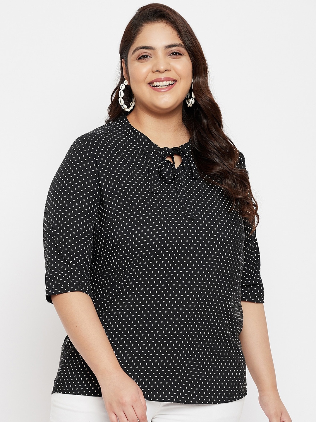

AUSTIVO Plus Size Print Tie-Up Neck Top, Black