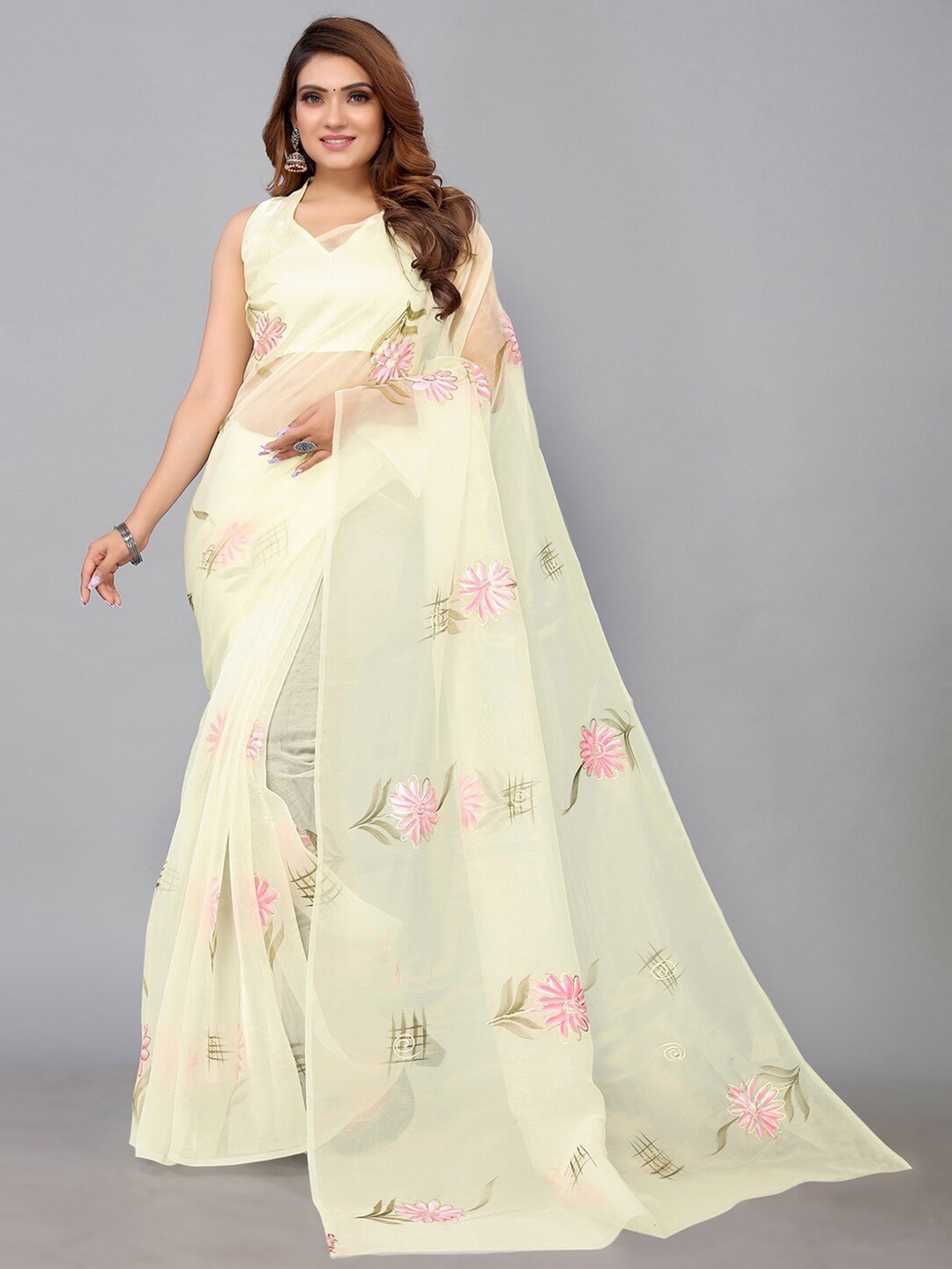 

Mitera Floral Organza Saree, Off white