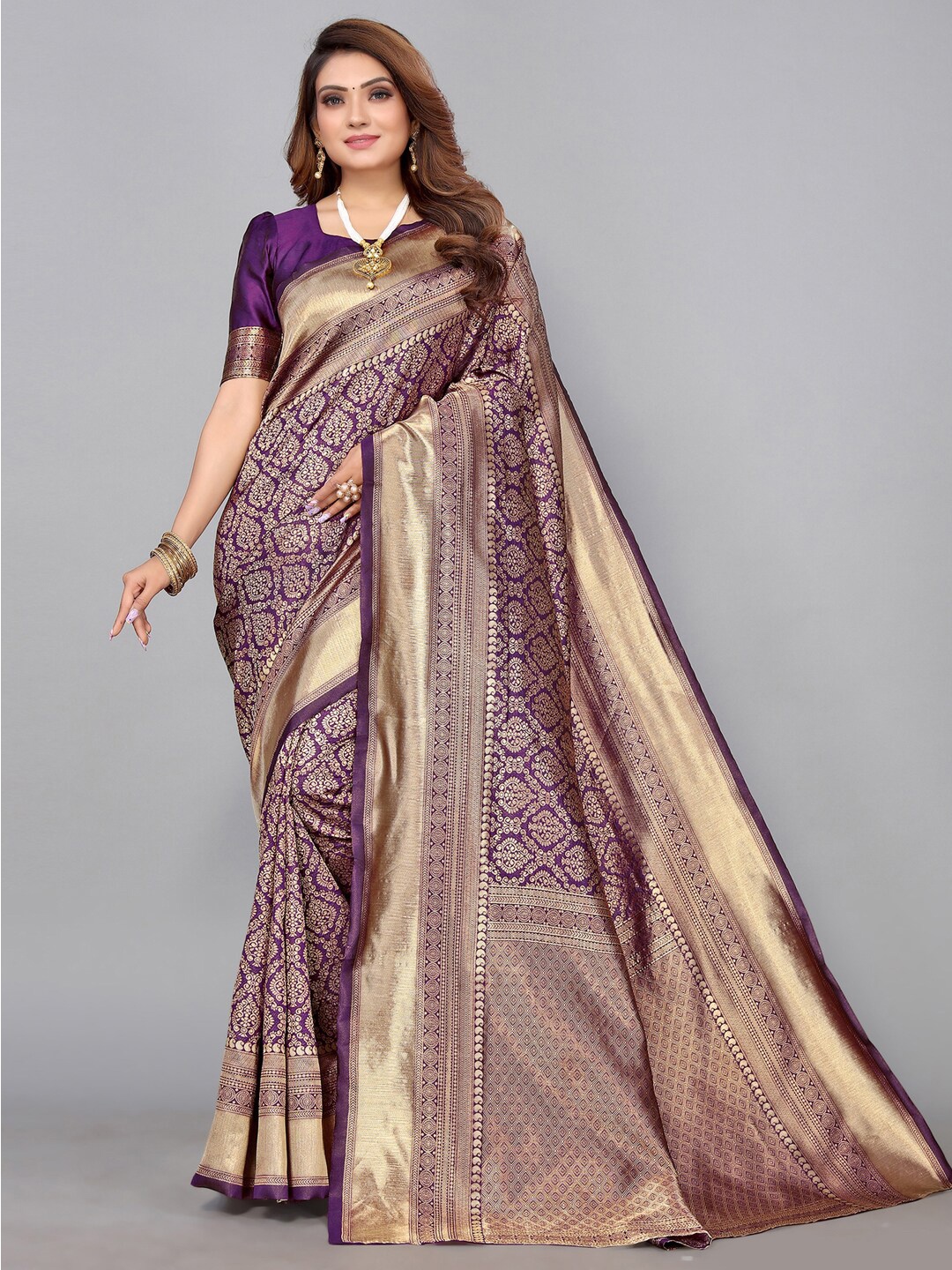

Mitera Purple & Gold-Toned Ethnic Motifs Zari Banarasi Saree