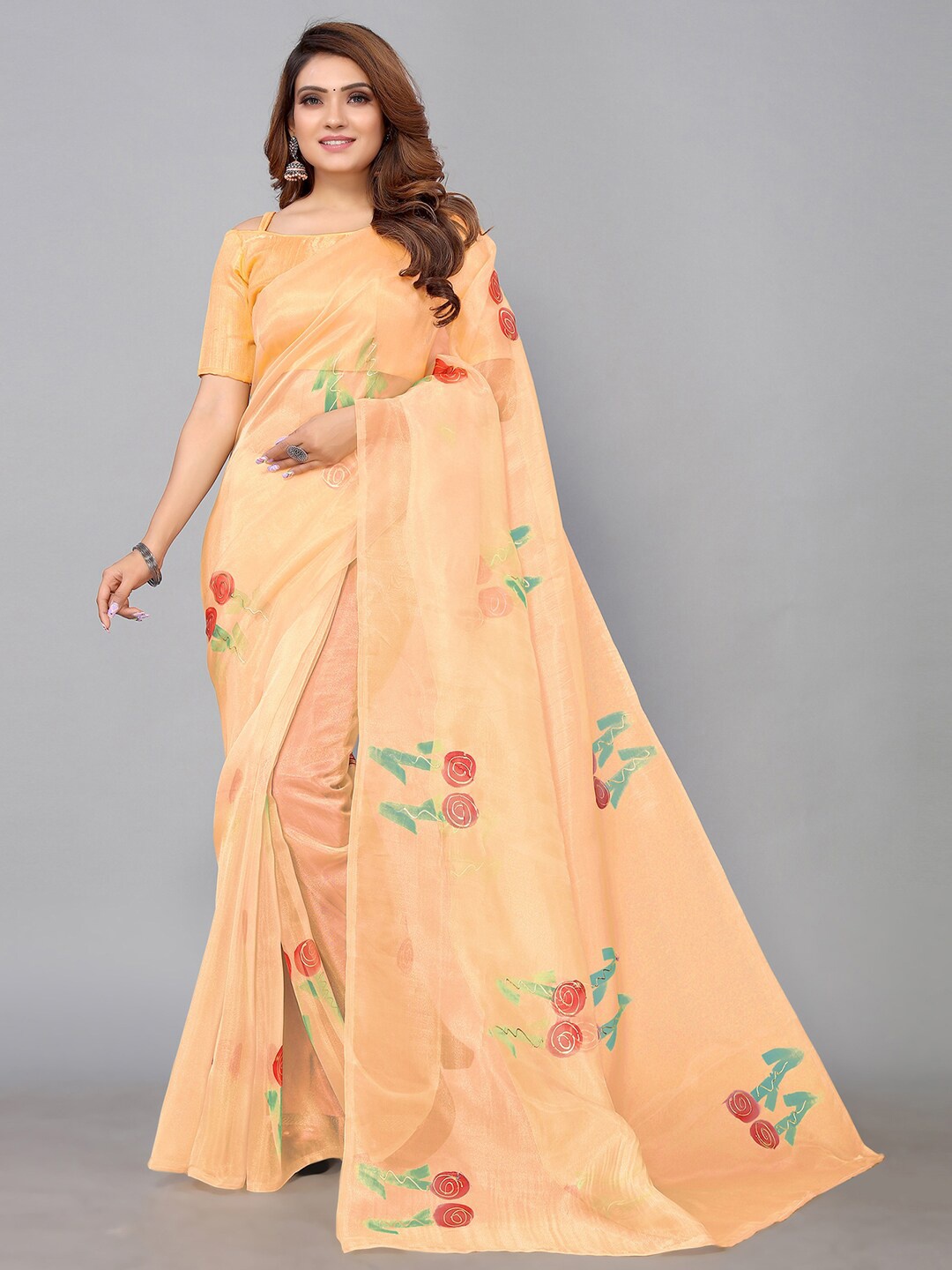 

Mitera Floral Organza Saree, Orange