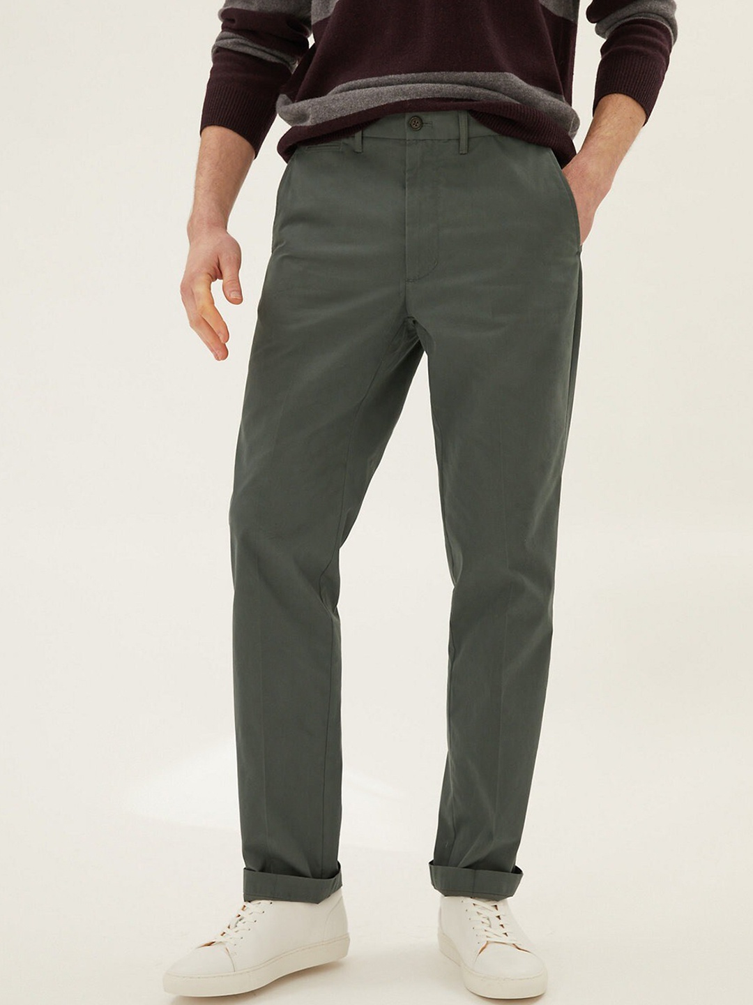 

Marks & Spencer Men High-Rise Cotton Trousers, Green