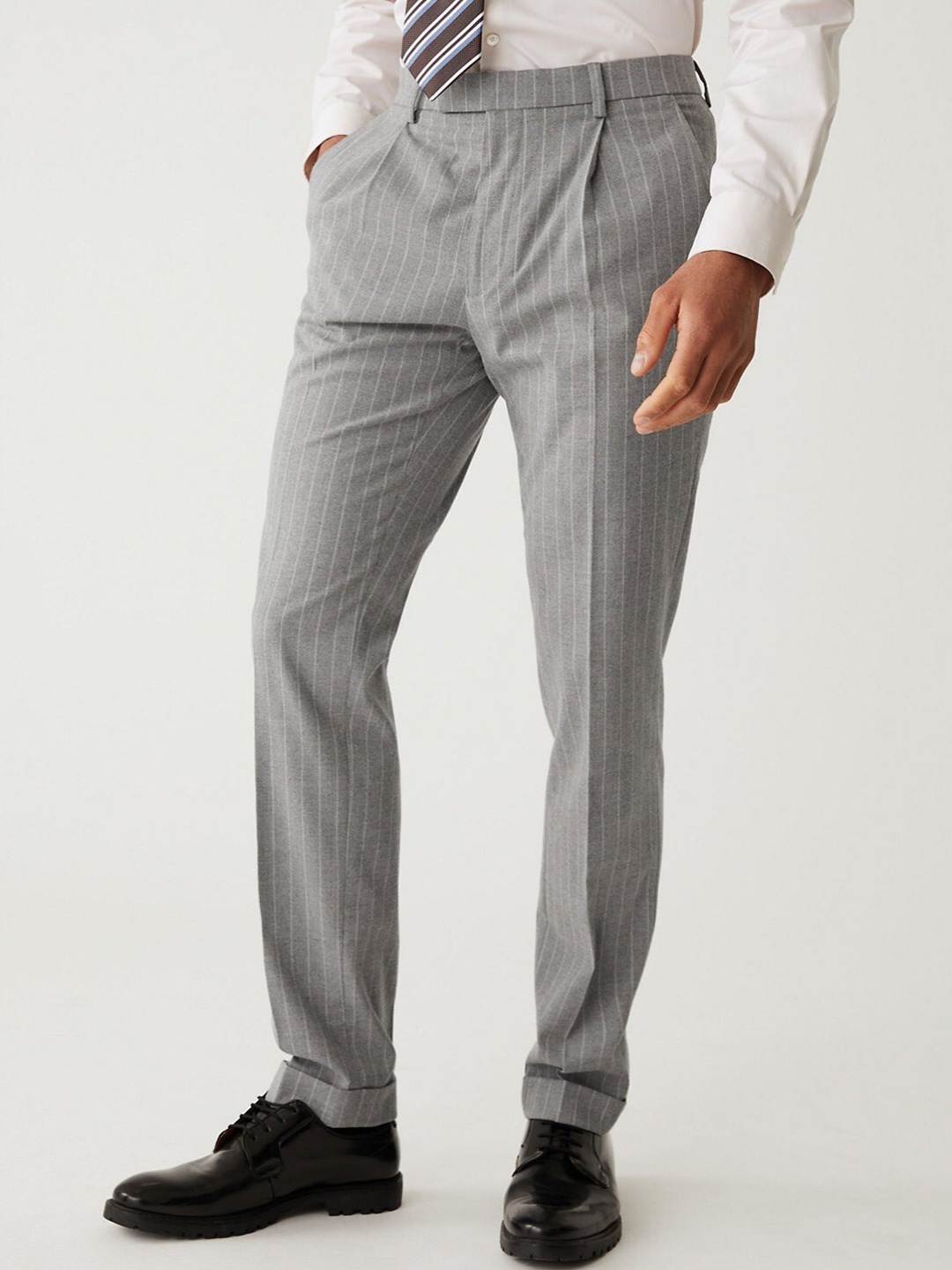 

Marks & Spencer Men Printed High-Rise Trousers, Grey