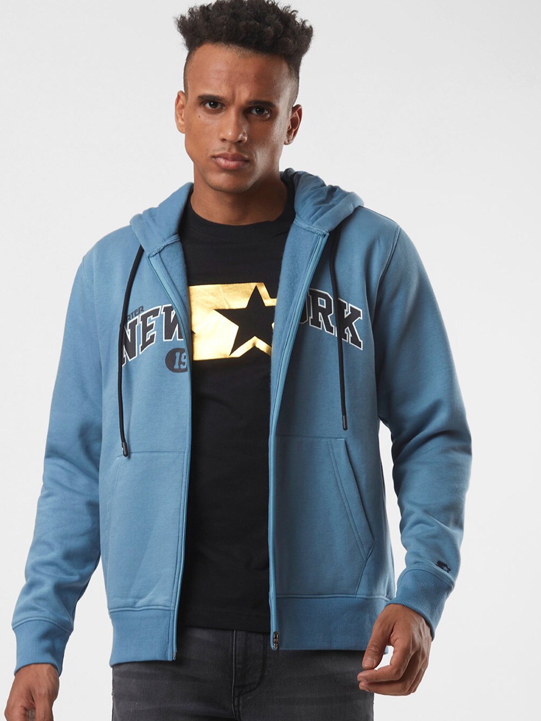 

STARTER Men Blue Cotton Hooded Sweatshirt