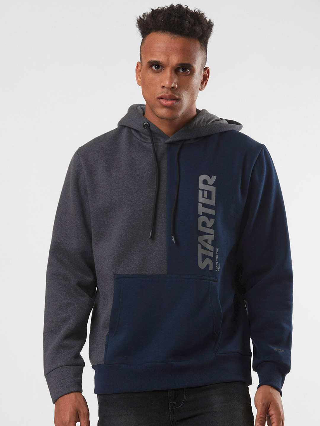 

STARTER Men Navy Blue Cotton Colourblocked Hooded Sweatshirt