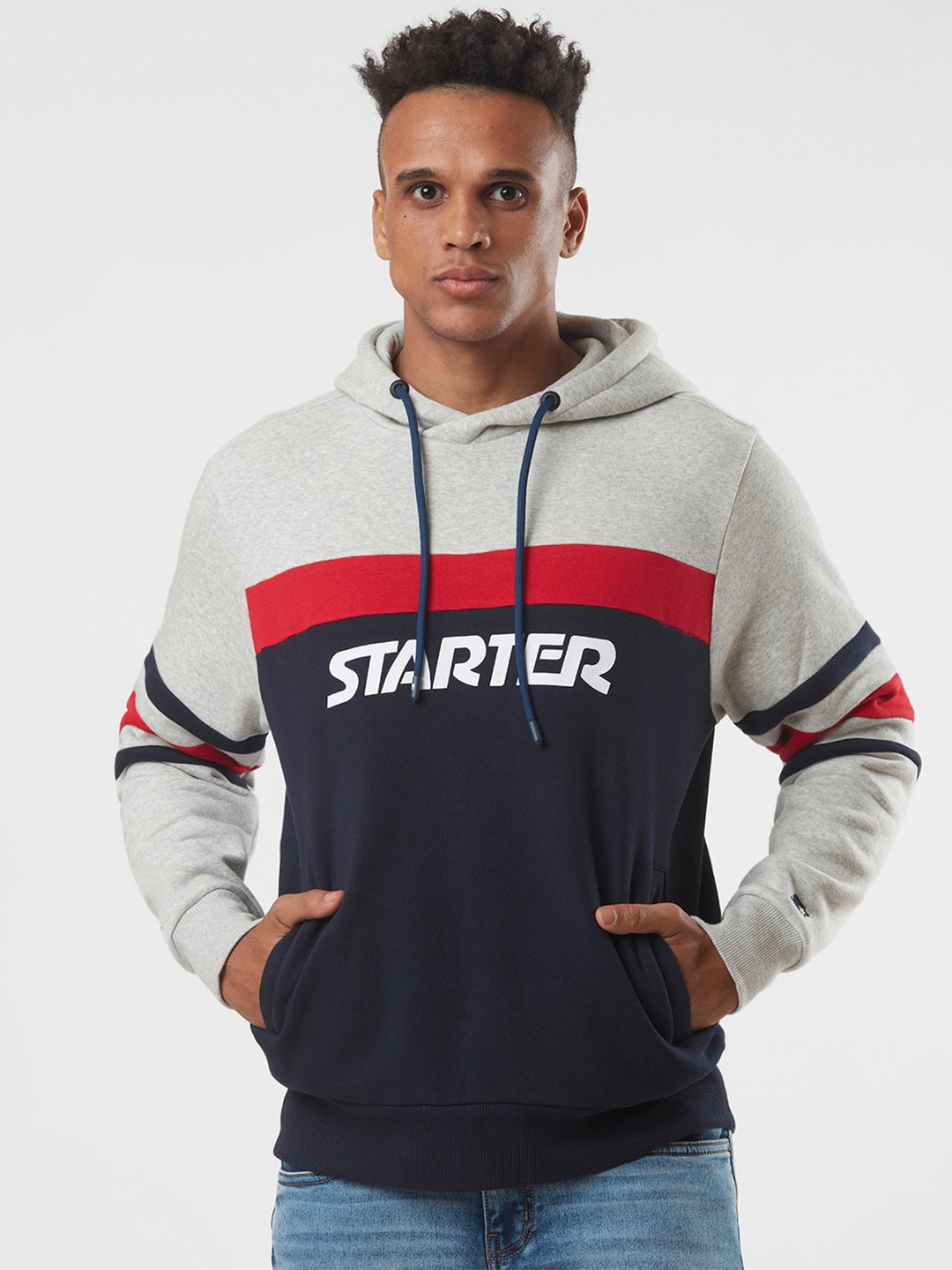 

STARTER Men Grey Cotton Colourblocked Hooded Sweatshirt