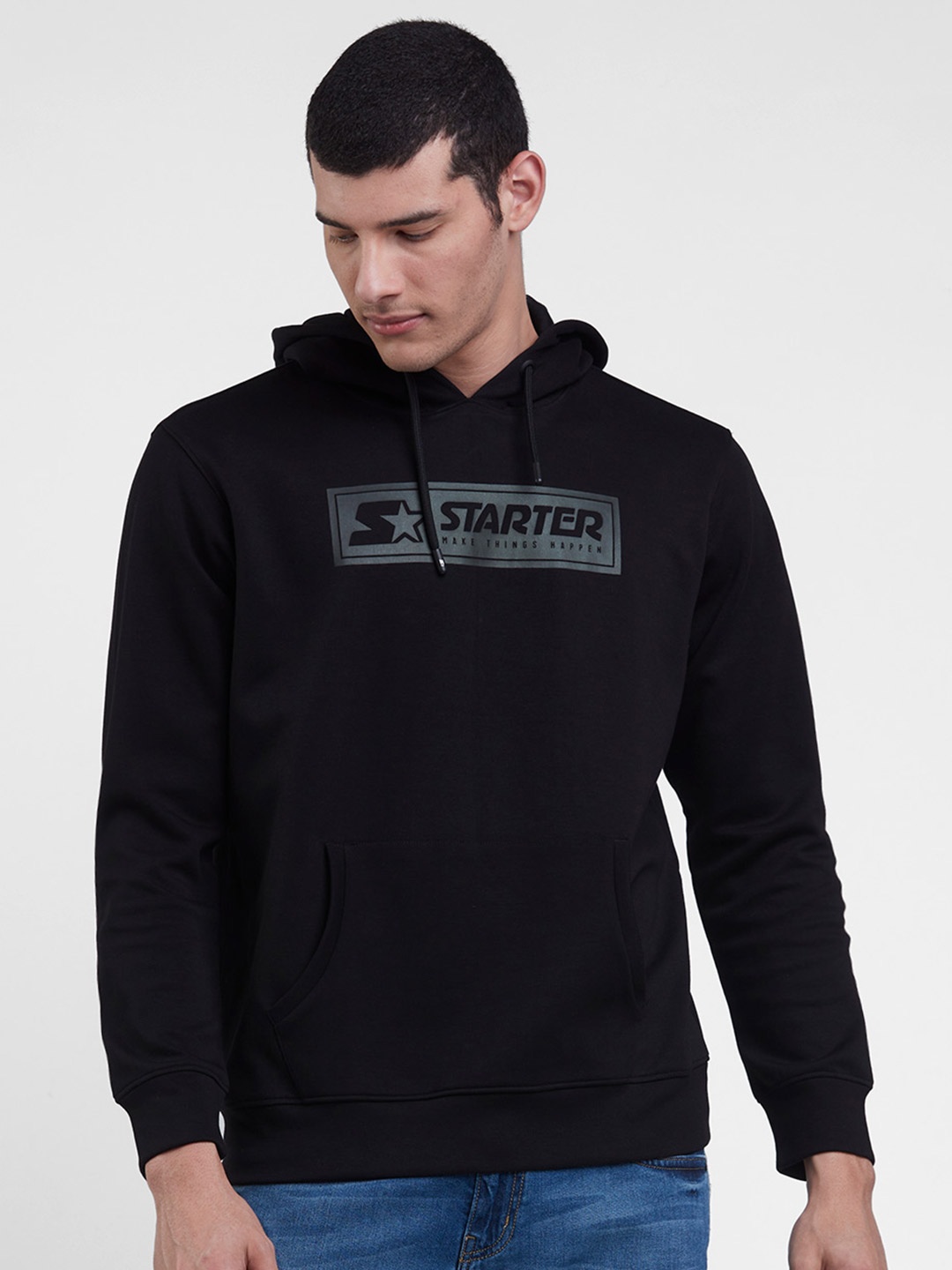 

STARTER Men Black Cotton Printed Hooded Sweatshirt