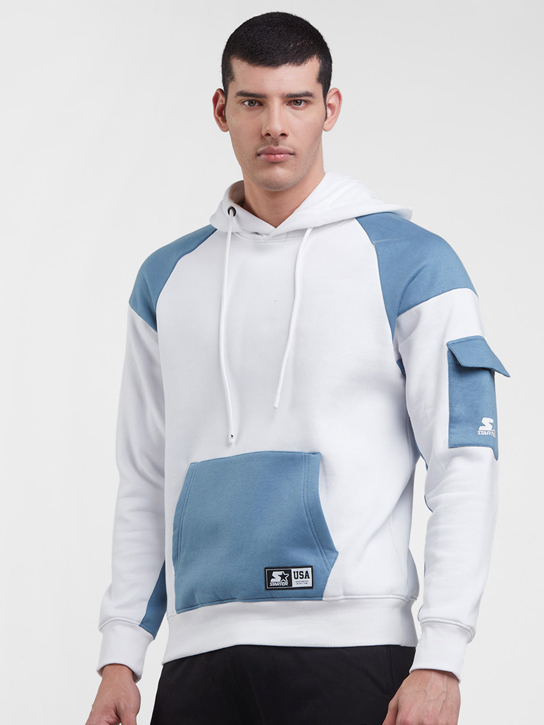 

STARTER Men White Cotton Colourblocked Hooded Sweatshirt
