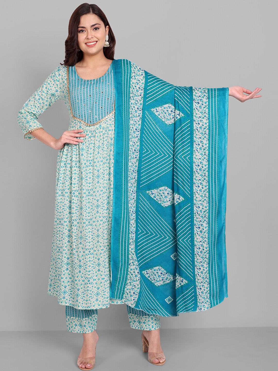 

SINGNI Women Ethnic Motifs Yoke Design Mirror Work Kurta with Trousers & Dupatta, Blue