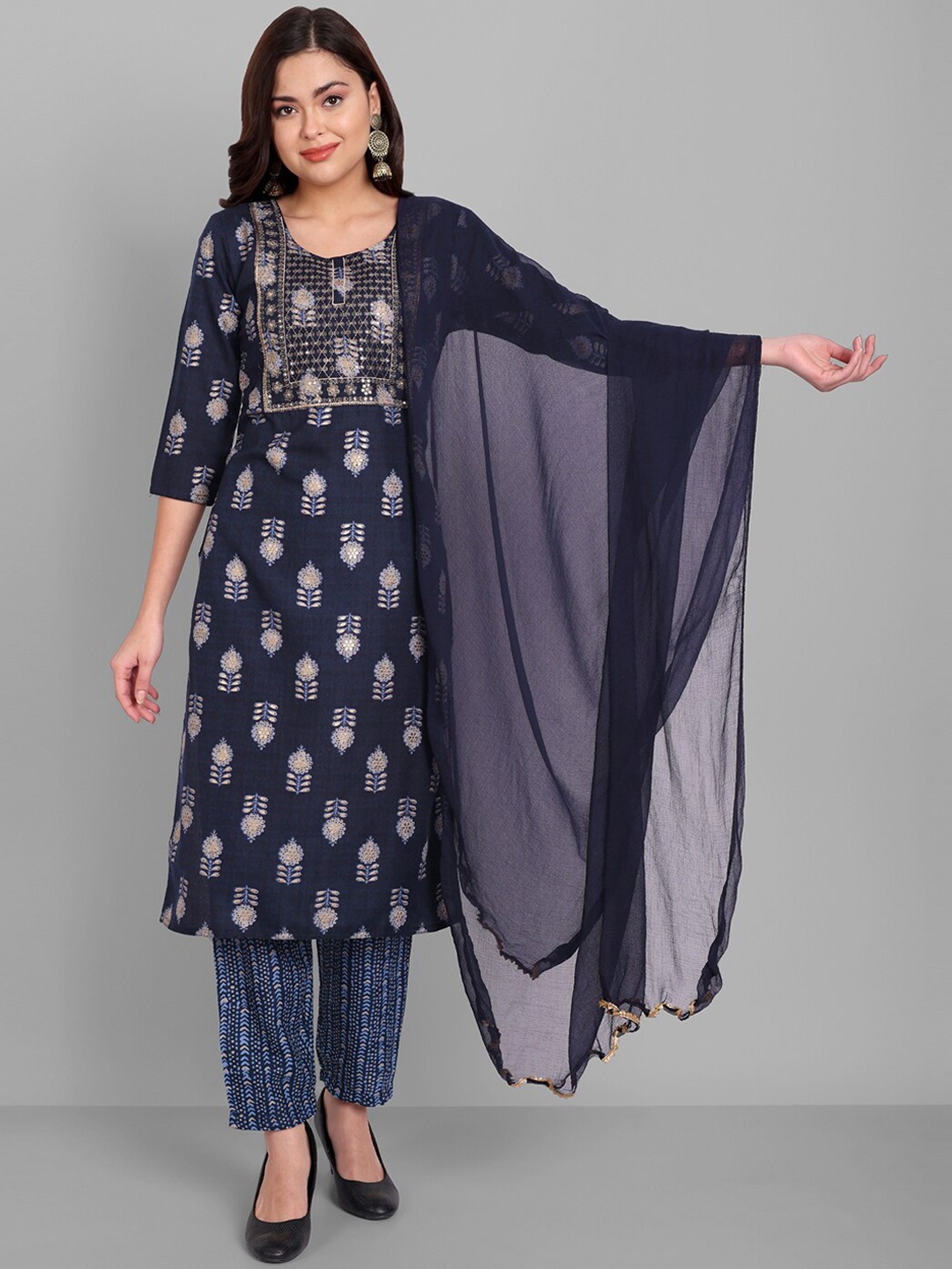 

SINGNI Women Floral Printed Sequinned Kurta with Trousers & With Dupatta, Blue