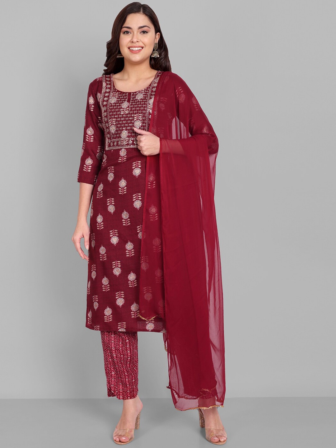 

SINGNI Women Floral Embroidered Sequinned Kurta with Trousers & With Dupatta, Maroon