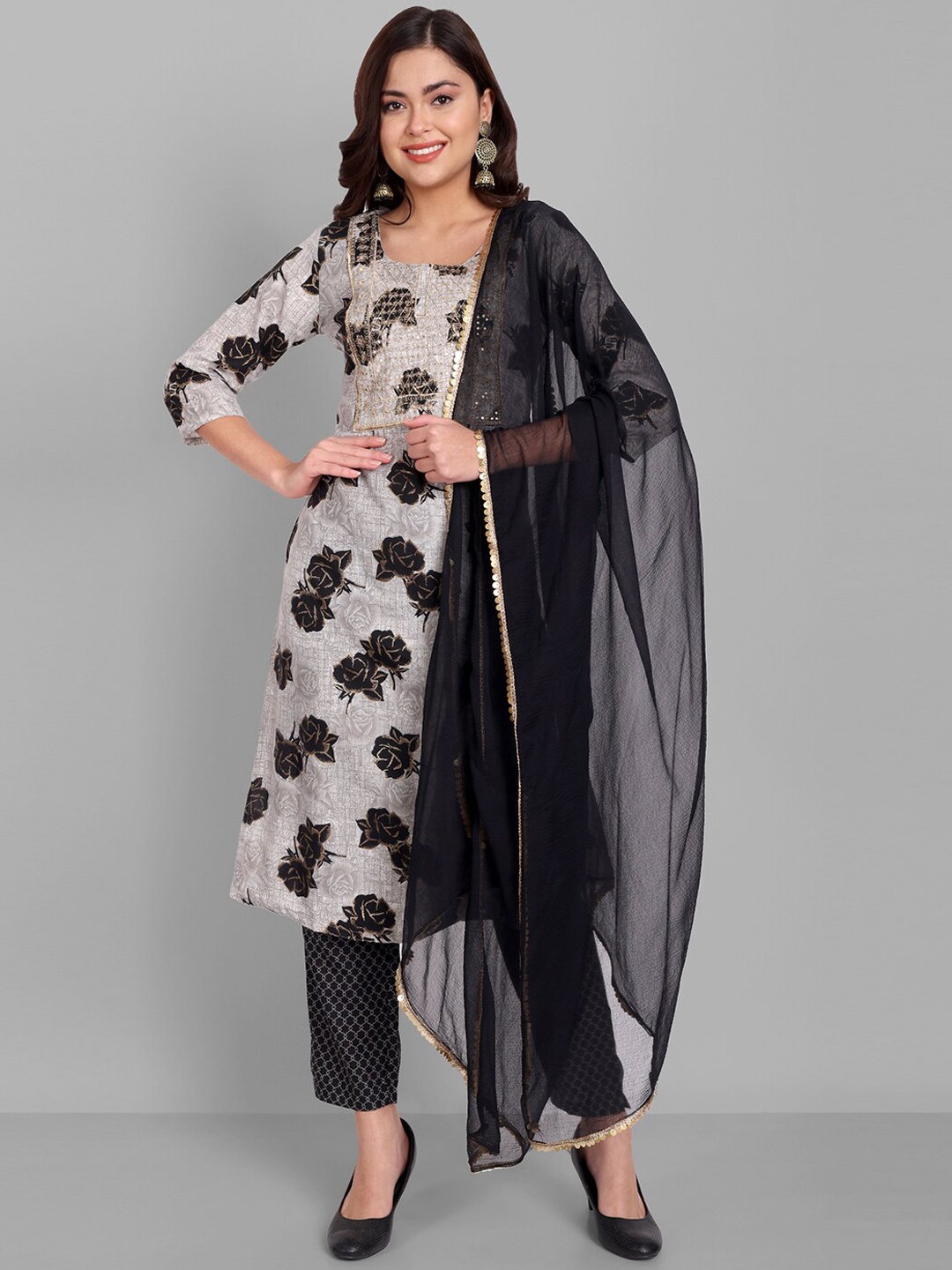 

SINGNI Women Floral Printed Sequinned Kurta with Trousers & With Dupatta, Grey