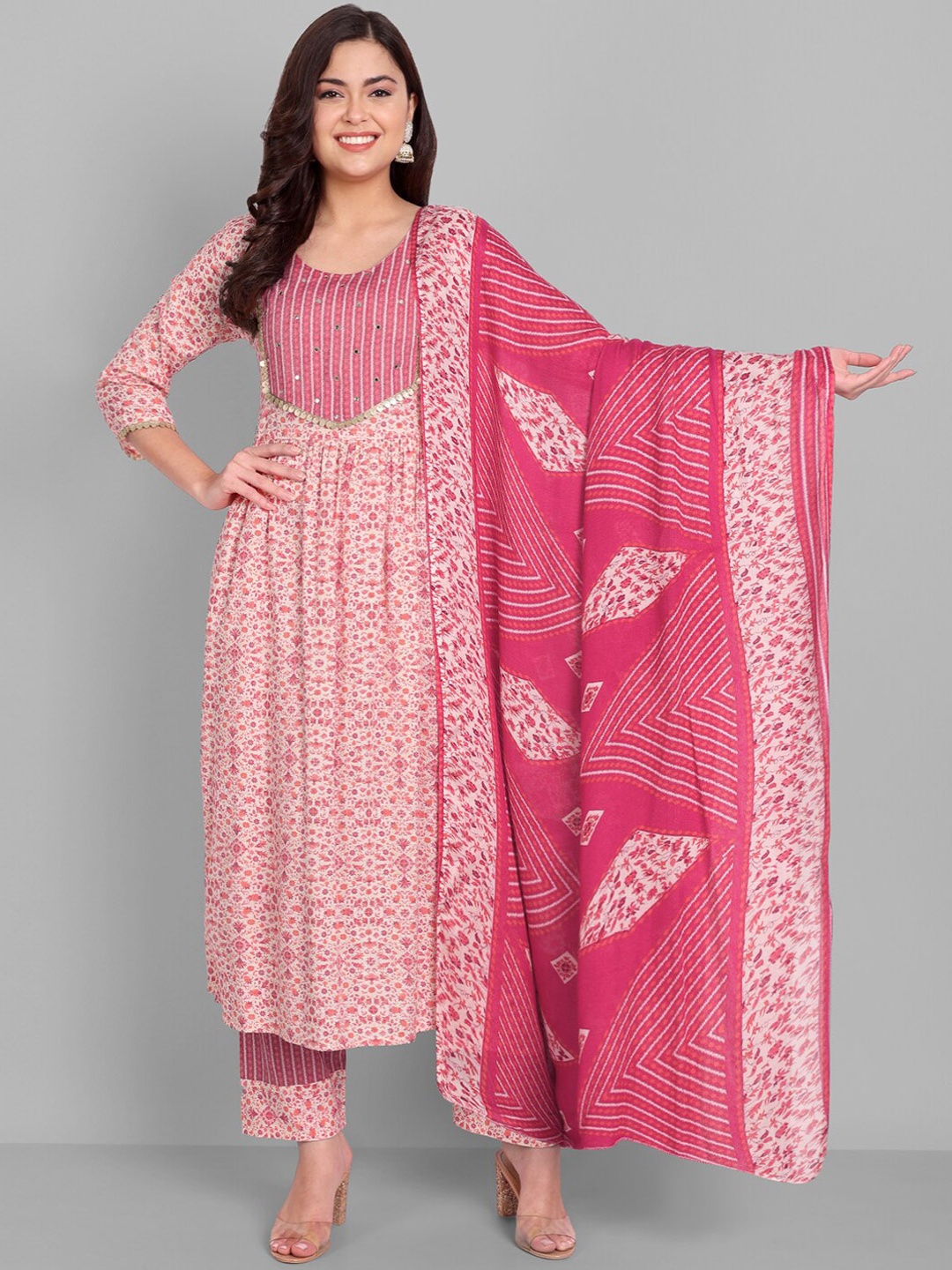 

SINGNI Women Floral Printed Pleated Sequinned Kurta with Trousers & With Dupatta, Pink