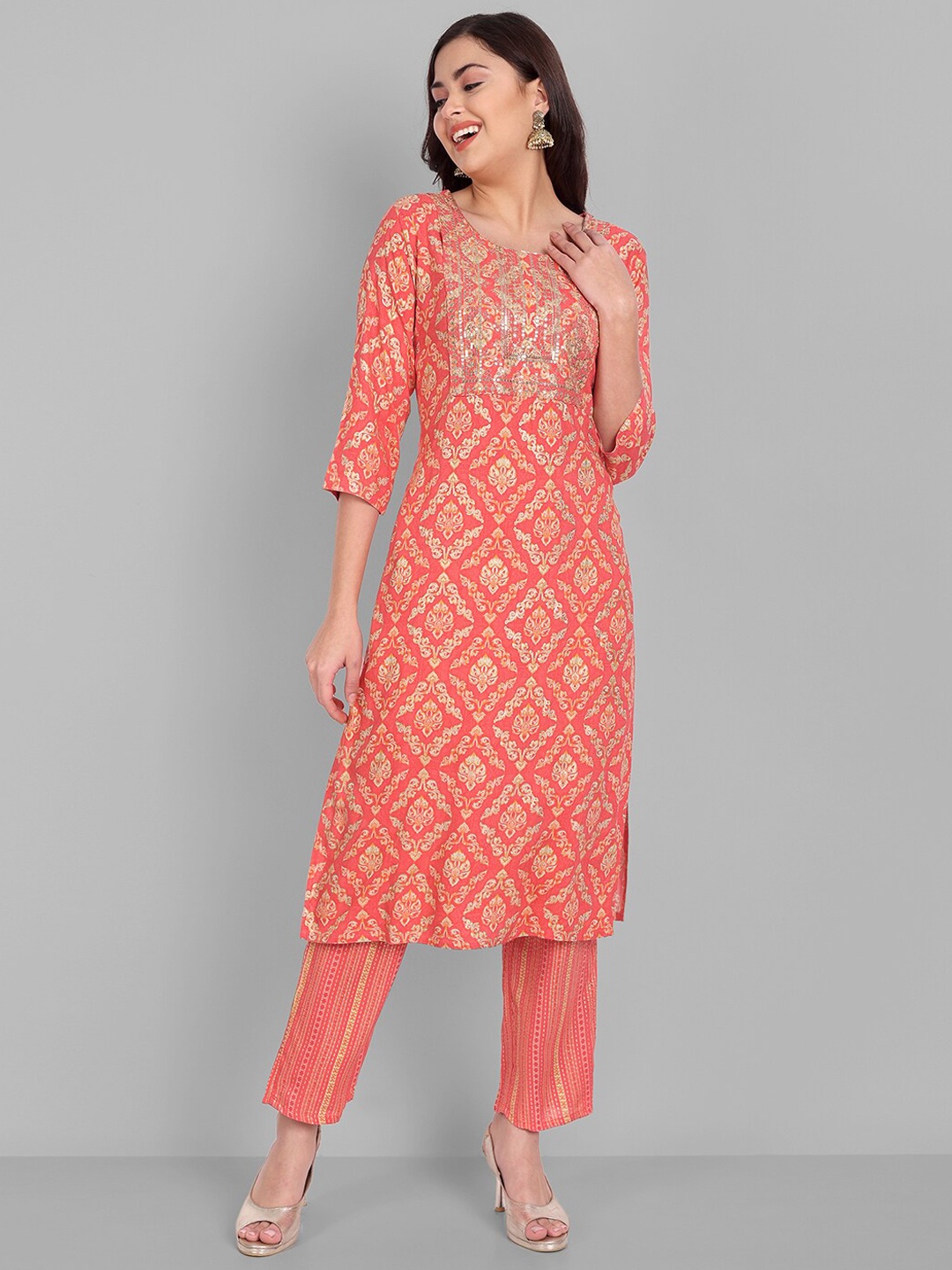 

SINGNI Women Ethnic Motifs Printed Sequinned Kurta with Trousers, Orange