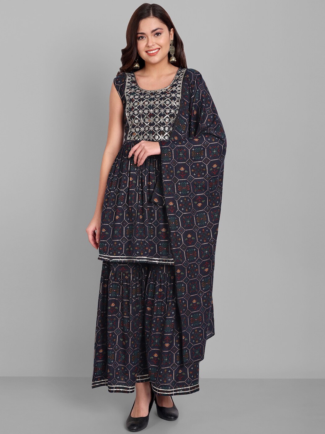 

SINGNI Women Ethnic Motifs Embroidered Sequinned Kurta with Sharara & With Dupatta, Blue