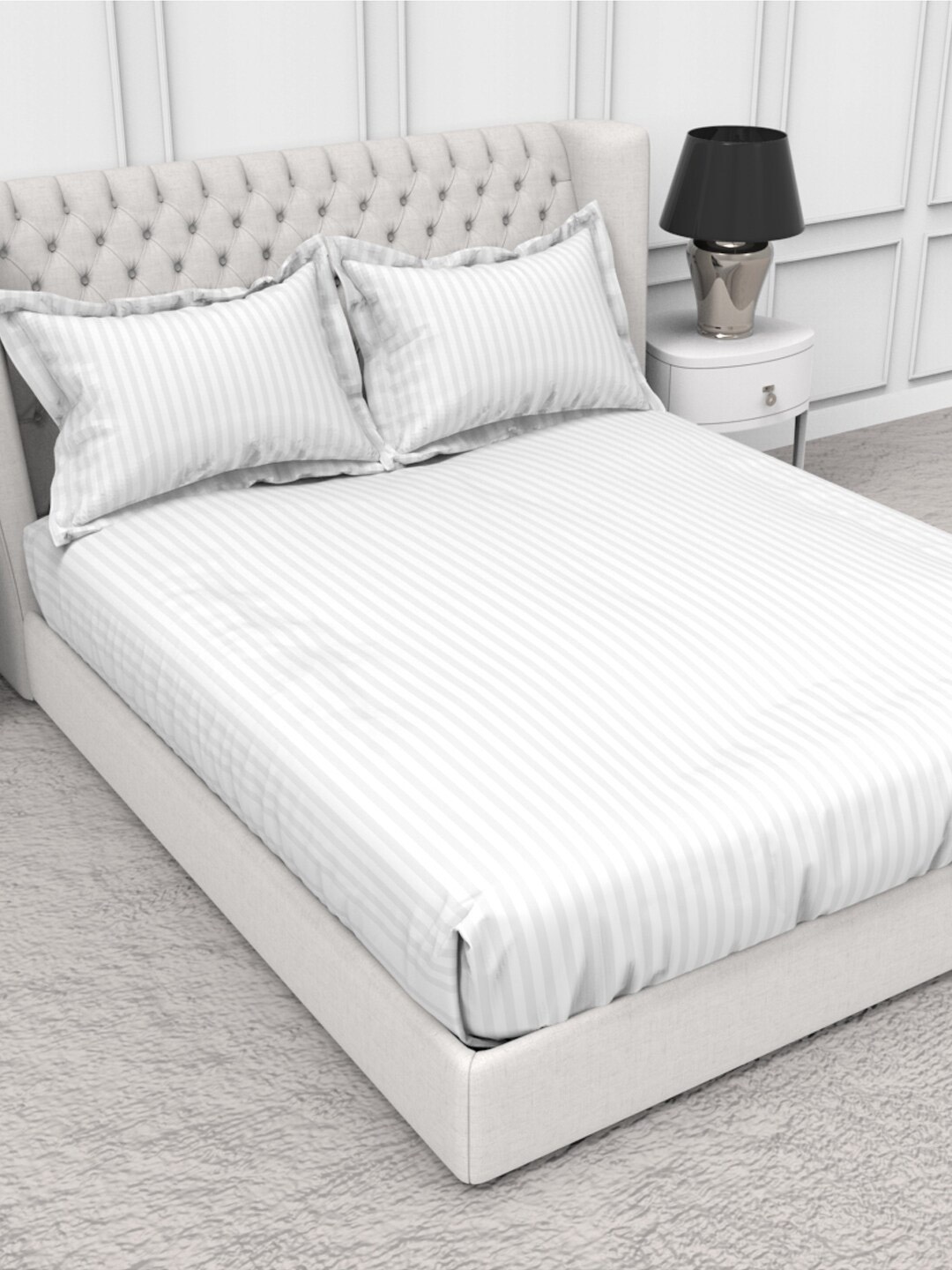 

THE WHITE MOSS Blanc White & Grey Striped 210 TC Pure Cotton Single Bedsheet with 2 Pillow Covers