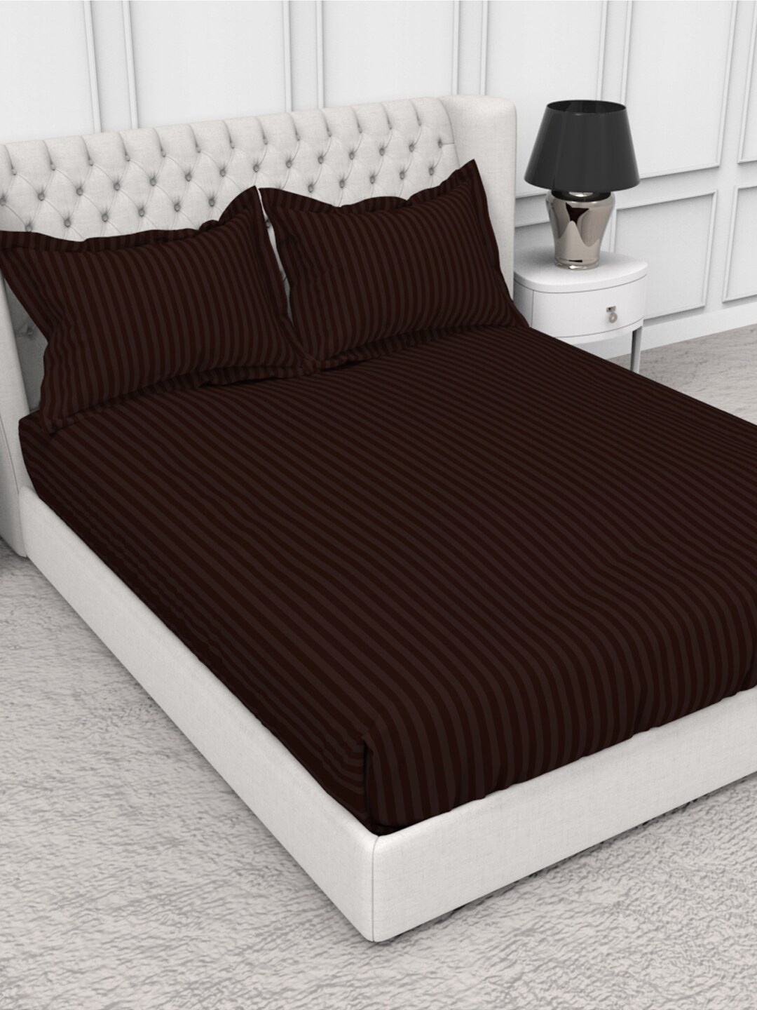 

THE WHITE MOSS Blanc Brown Striped 210 TC Pure Cotton Single Bedsheet with 2 Pillow Covers