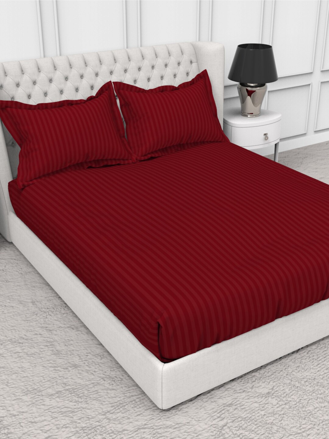 

THE WHITE MOSS Blanc Red Striped 210 TC Pure Cotton Single Bedsheet with 2 Pillow Covers